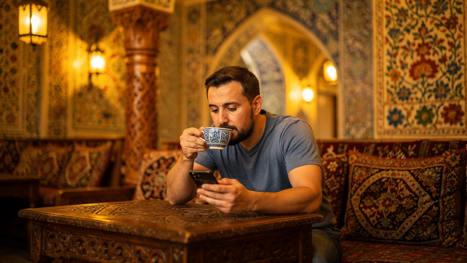 A digital nomad sips chai at a traditional Central Asian tea house in Samarkand, Uzbekistan, looking thoughtfully at their phone with a Cellesim eSIM enabled, capturing the serene work-life balance amidst cultural immersion, bathed in soft ambient light.