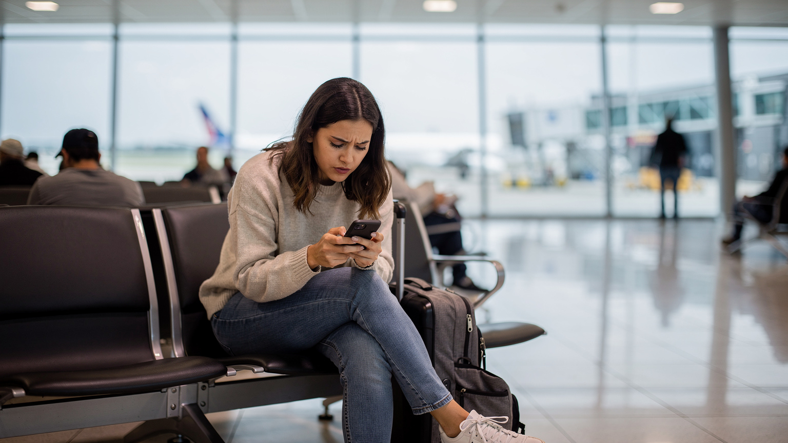 A woman at the airport gate, looking stressed while trying to connect her phone, with her carry-on luggage next to her.