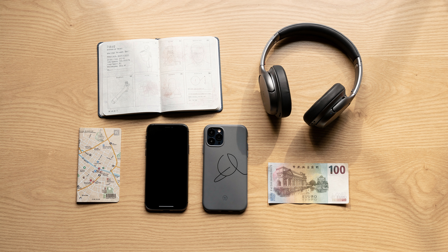 An overhead flat-lay of travel essentials: a passport, a Cellesim-branded phone (screen off), a pair of wireless headphones, a small physical map snippet, and a local currency bill on a wooden cafe table.