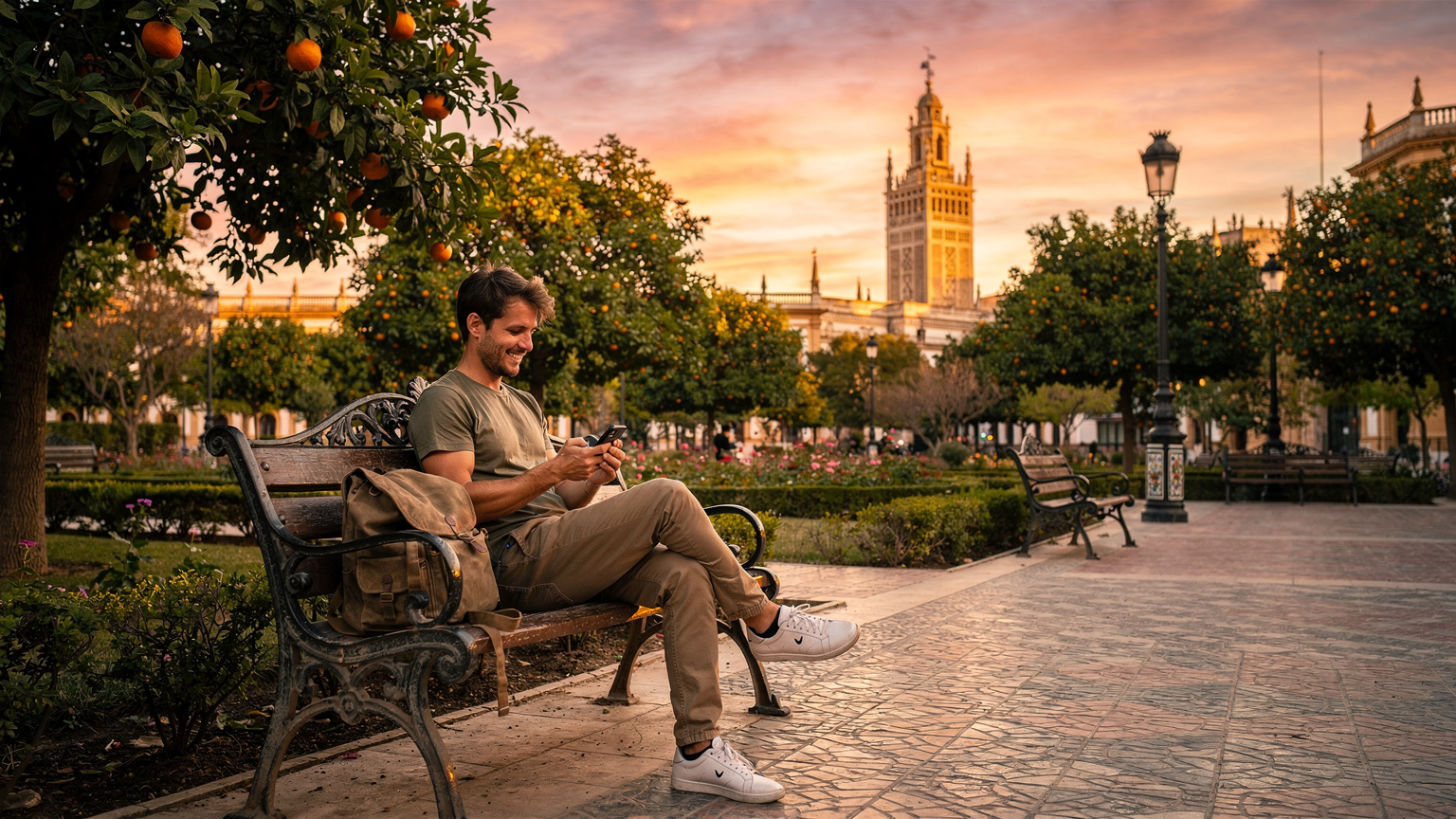 Un viajero con una mochila se relaja en un banco de un parque en el centro de Sevilla, España, consultando su smartphone con una sonrisa, con la Giralda al fondo, durante la puesta de sol.