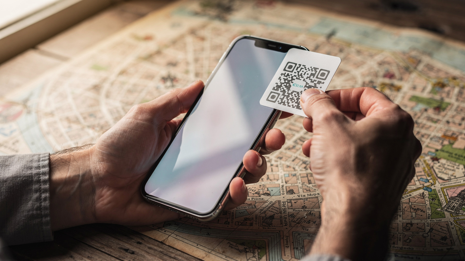 Unas manos sostienen un smartphone, mostrando el proceso de escaneo de un código QR en una tarjeta de activación de eSIM, con un mapa de viaje como fondo desenfocado en una mesa de madera rústica.