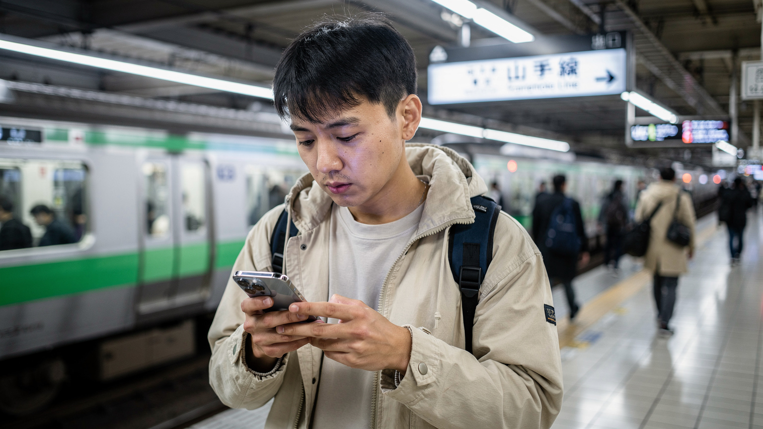 A traveler looking concerned at their iPhone screen displaying network settings, while sitting on a bench at a bustling train station platform in Tokyo, Japan.
