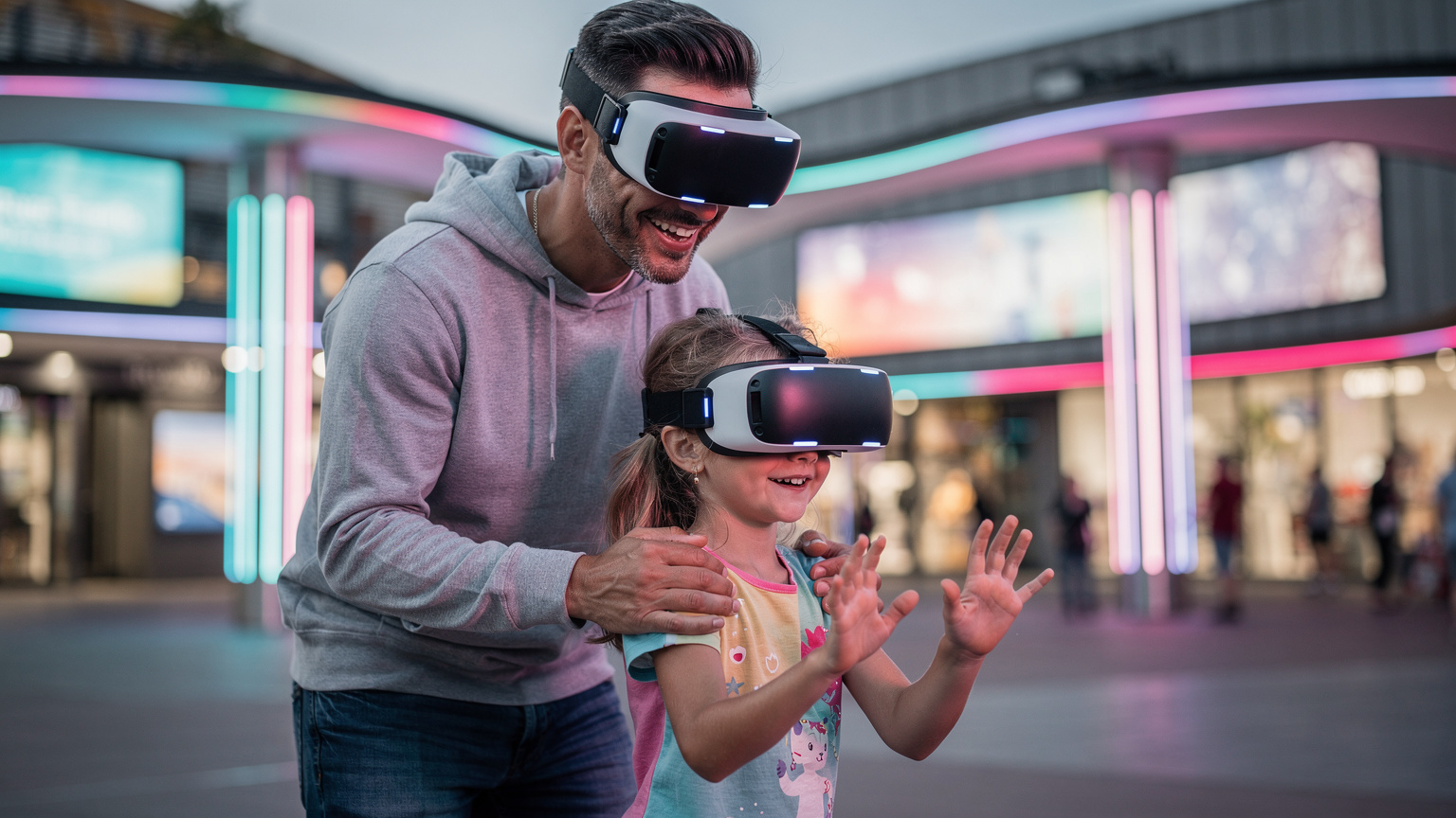 Un padre e la sua bambina di 5 anni si godono un'esperienza di realtà aumentata in un parco tematico, entrambi con cuffie VR e sorrisi, in un ambiente futuristico e colorato.