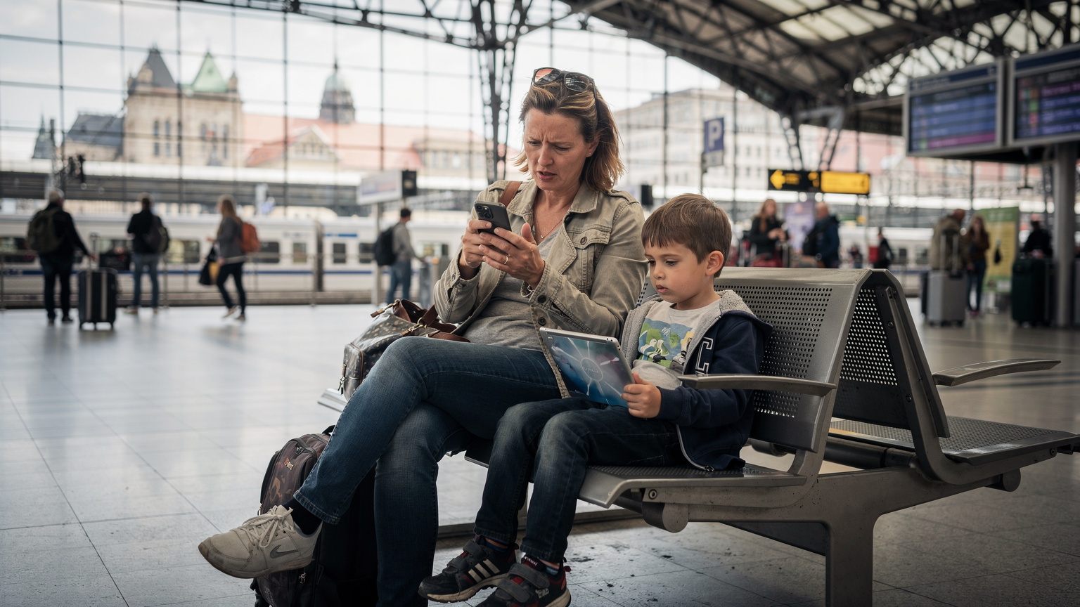 Una madre usa il suo smartphone per controllare gli orari dei treni alla stazione centrale di Berlino, mentre suo figlio gioca tranquillamente con un tablet seduto su una panchina accanto a lei, illuminati da una luce naturale che filtra dalle grandi finestre.
