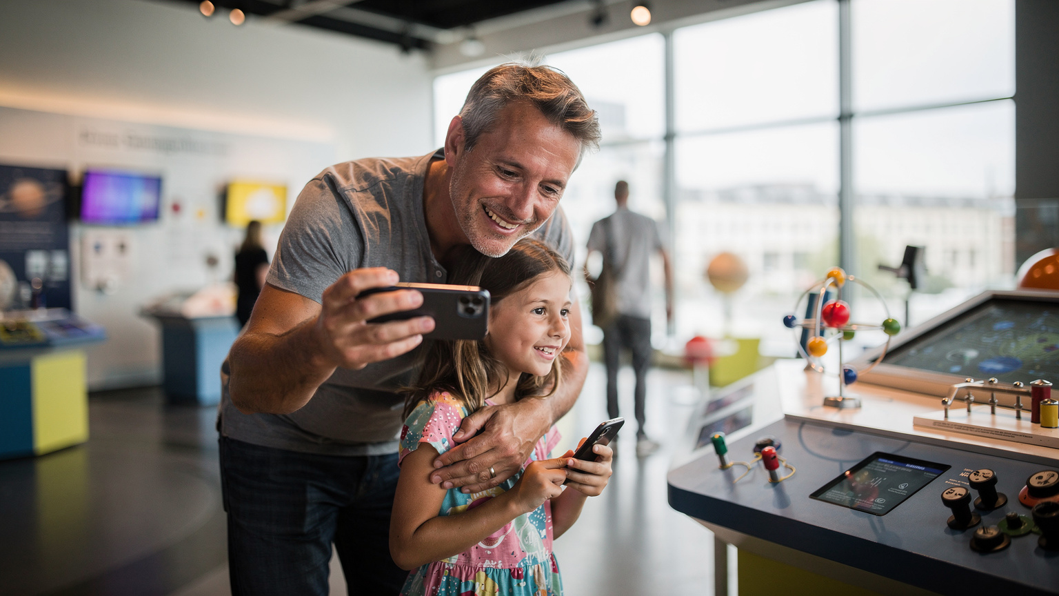 Un padre sorride mentre mostra a sua figlia un'attrazione interattiva in un museo della scienza a Berlino, entrambi con i loro smartphone in mano per scattare foto, in un'atmosfera luminosa e moderna.