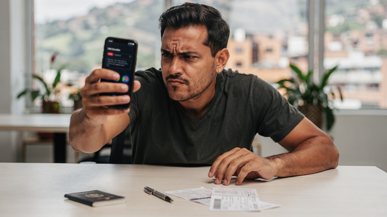 A digital nomad in a co-working space intently holds up a phone, showing a local banking app error message about requiring a local phone number, with a passport and travel documents scattered on the desk.