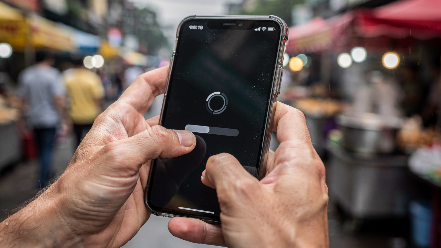 Close-up of a traveler's hands attempting to use a banking app on a smartphone, displaying a loading screen with a frustratingly slow progress bar, set against a blurred backdrop of a busy street market in Southeast Asia.