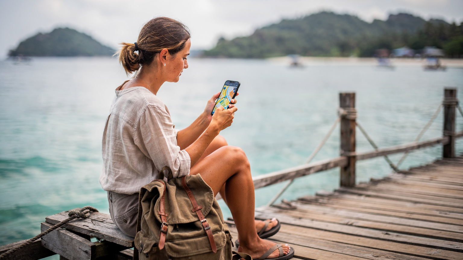 Une voyageuse scrute son téléphone, affichant une carte, en attendant un ferry sur un ponton en bois à Koh Lanta, avec son sac à dos de voyage à ses pieds et la mer turquoise en arrière-plan.