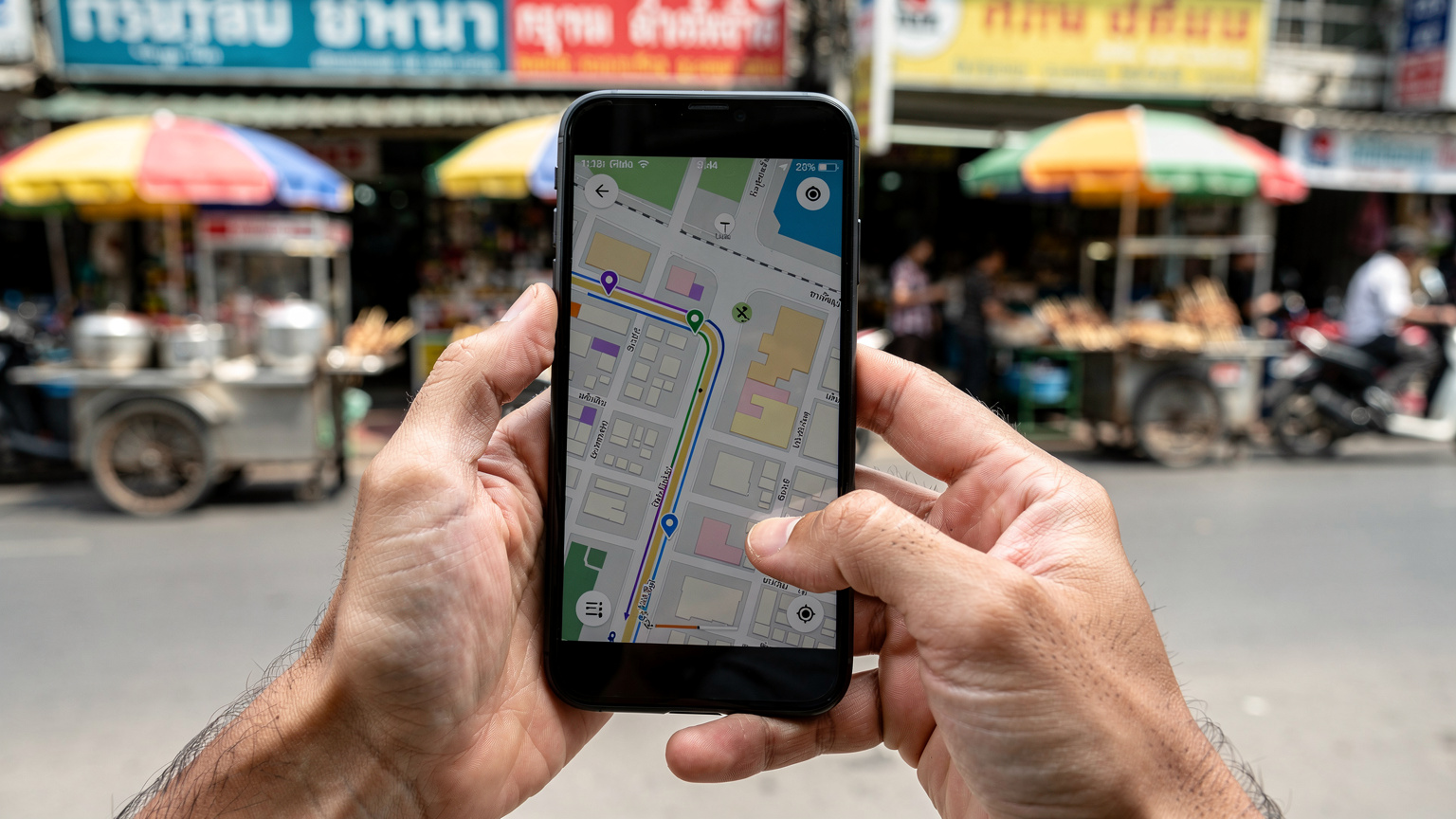 Des mains humaines tiennent un smartphone montrant une application de cartographie avec un itinéraire détaillé tracé à travers les rues animées de Bangkok, avec des indications en thaïlandais en arrière-plan flou.