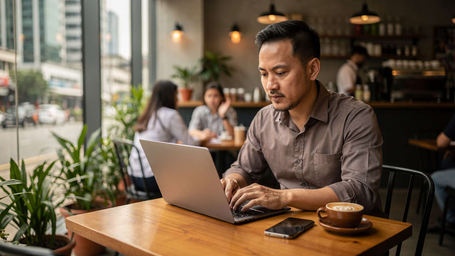 Un homme d'affaires en chemise décontractée travaille sur son ordinateur portable dans un café moderne et animé du quartier de Silom à Bangkok, son smartphone posé à côté d'une tasse de café latte, des passants flous en arrière-plan.