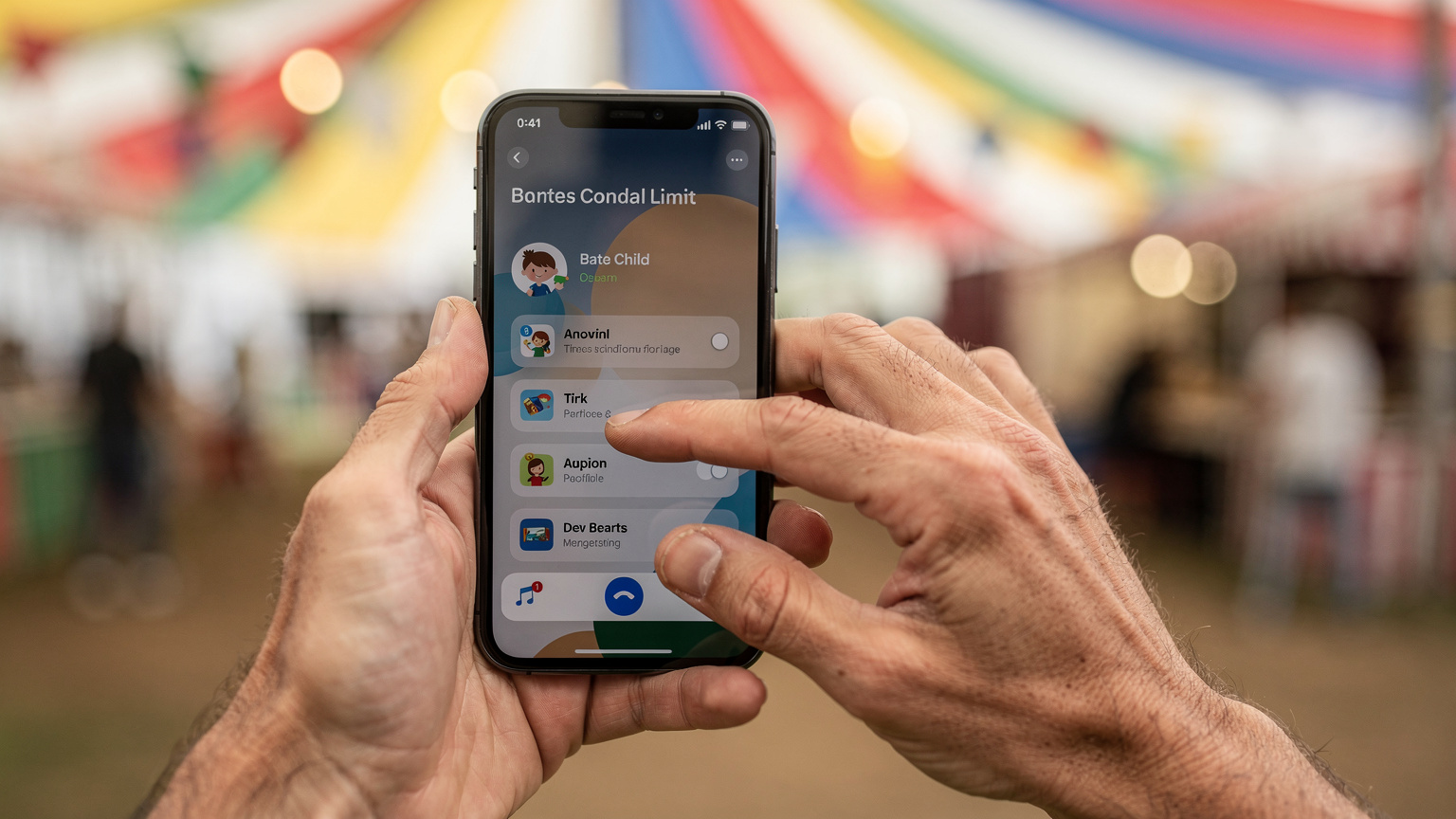 Nahaufnahme der Hände eines Vaters, der auf einem Smartphone die Einstellungen für die Bildschirmzeit und Datenlimits für ein Kinderprofil anpasst, während im Hintergrund ein Festivalzelt verschwommen zu sehen ist.