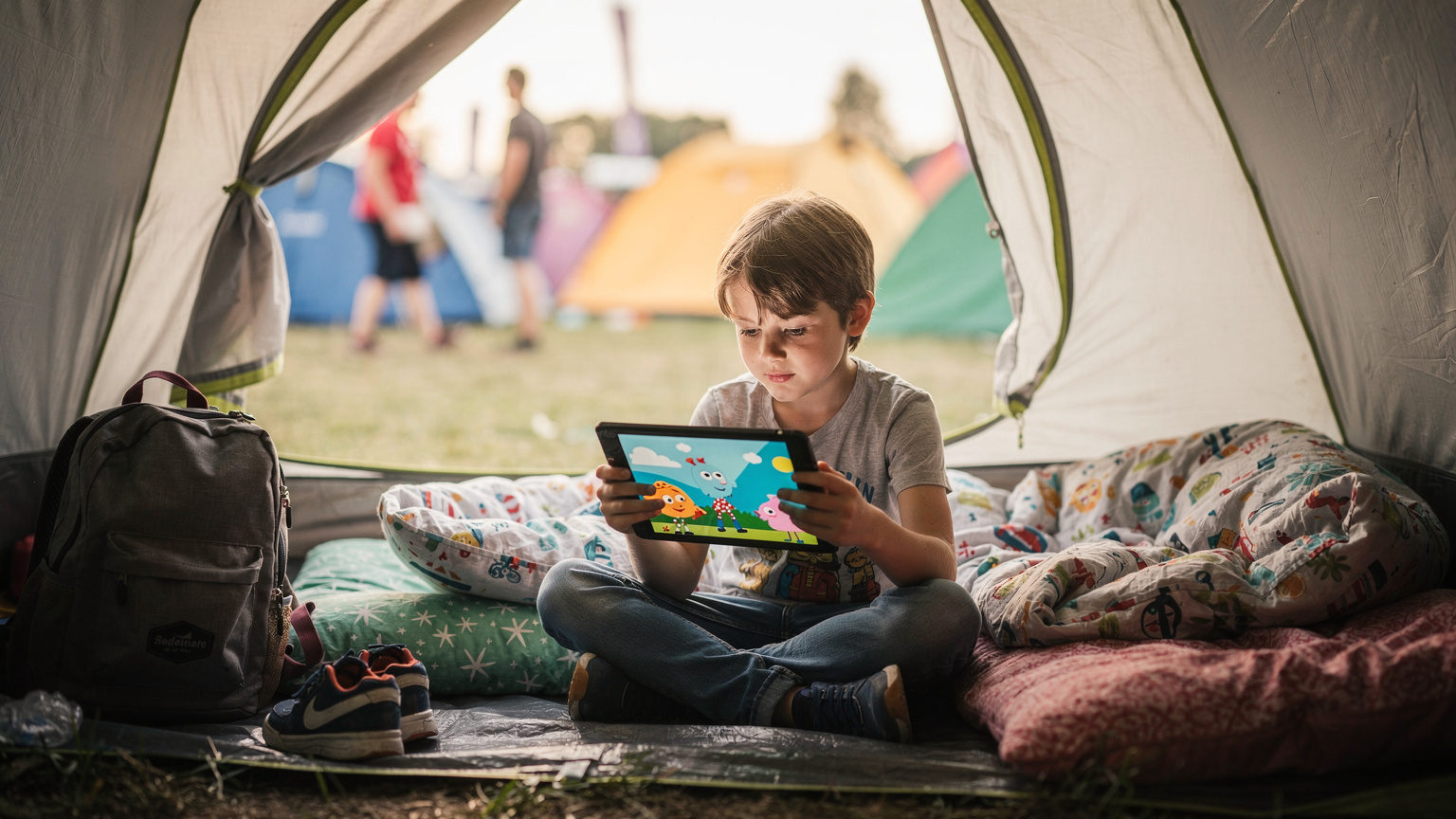 Ein Kind schaut auf einem Tablet eine Zeichentrickserie in einem Campingzelt, im Hintergrund sind andere Zelte und Festivalbesucher zu sehen.