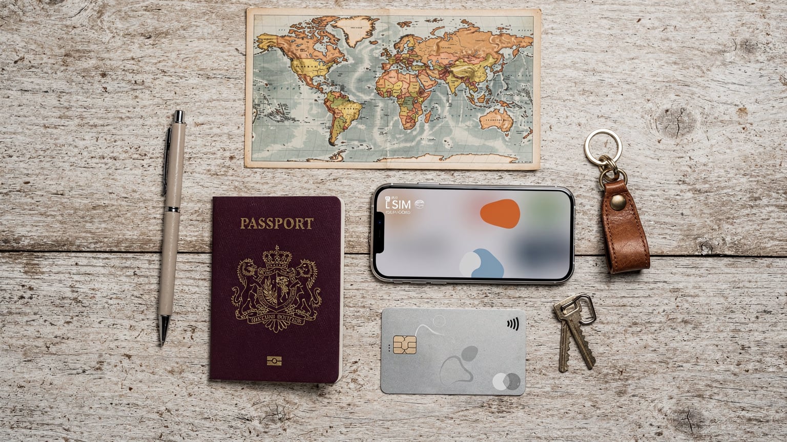 Een georganiseerde flat-lay van essentiële reisdocumenten en technologie, met een paspoort, een smartphone met een eSIM-profiel op het scherm, een creditcard en een kleine wereldkaart, alles netjes gerangschikt op een rustieke houten tafel.