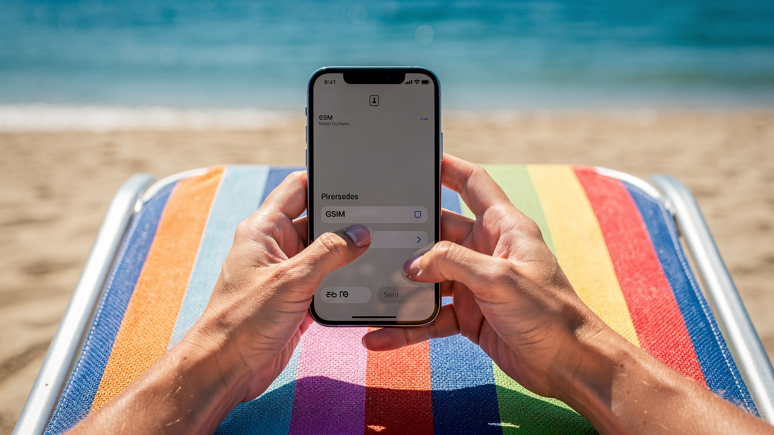 Зблизька, руки українського туриста налаштовують eSIM на екрані смартфона, сидячи на пляжному лежаку в Мамайї, Румунія, з розмитим морським пейзажем на задньому плані.