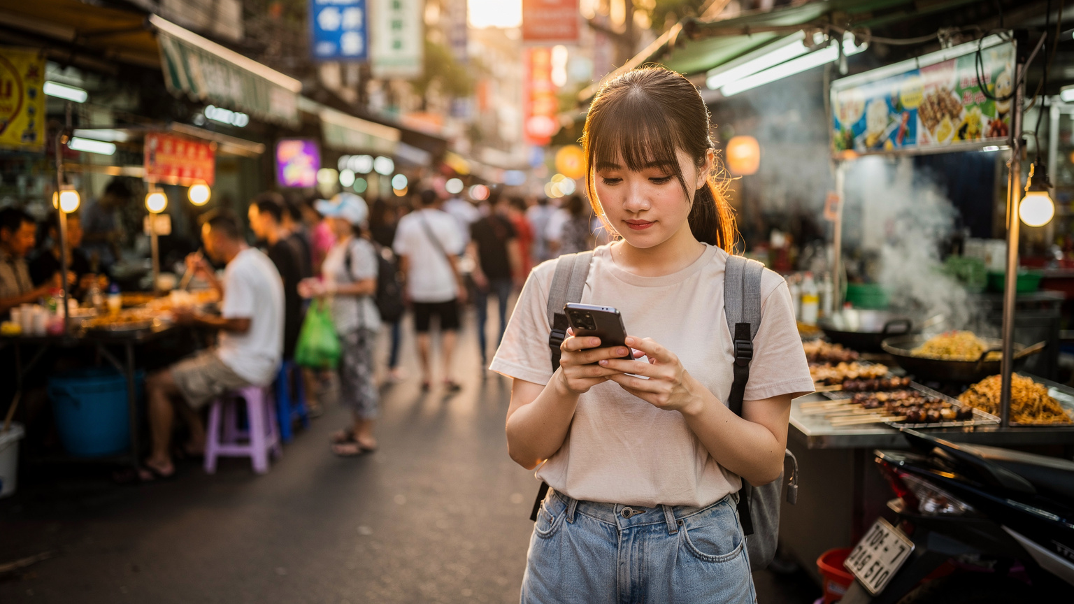 活気ある東南アジアの市場で、旅行者がスマートフォンを使ってeSIM設定をチェックしている。バックパックを背負い、ローカルフードの屋台が並ぶ中で、スムーズな接続を確認する様子。