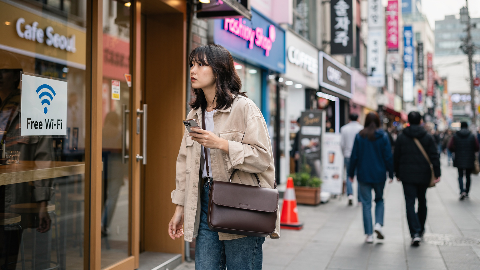 活気あるソウルの街角で、若い女性がスマートフォンを手に、カフェの無料Wi-Fiマークに目を向けている。通信量を節約するため、Wi-Fi接続を探している様子。