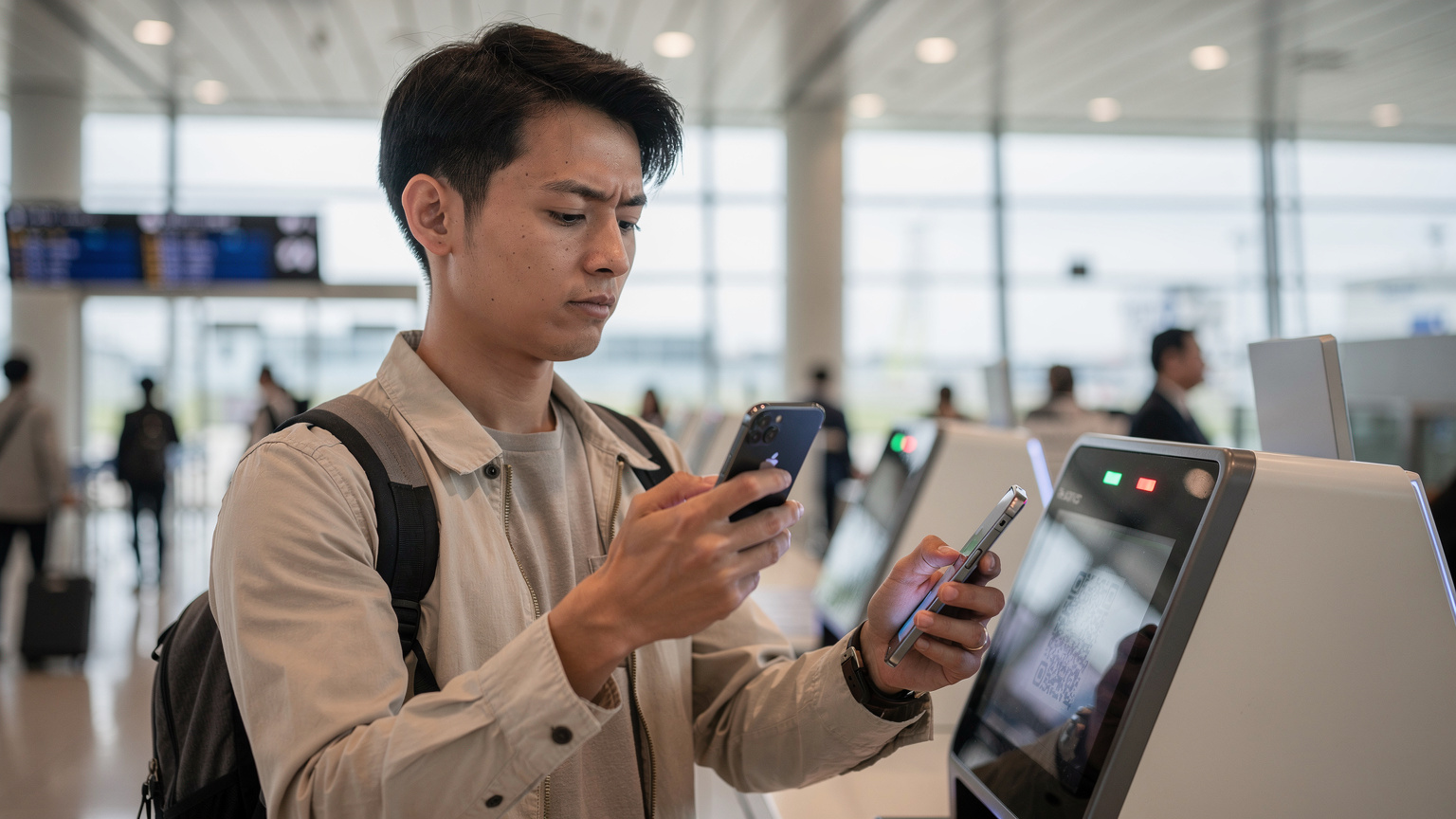 日本の関西国際空港のチェックインカウンター前で、旅行者がスマートフォンを使ってeSIMのQRコードをスキャンしている。緊張と期待が混じった表情で、搭乗前の最終確認を行っている。