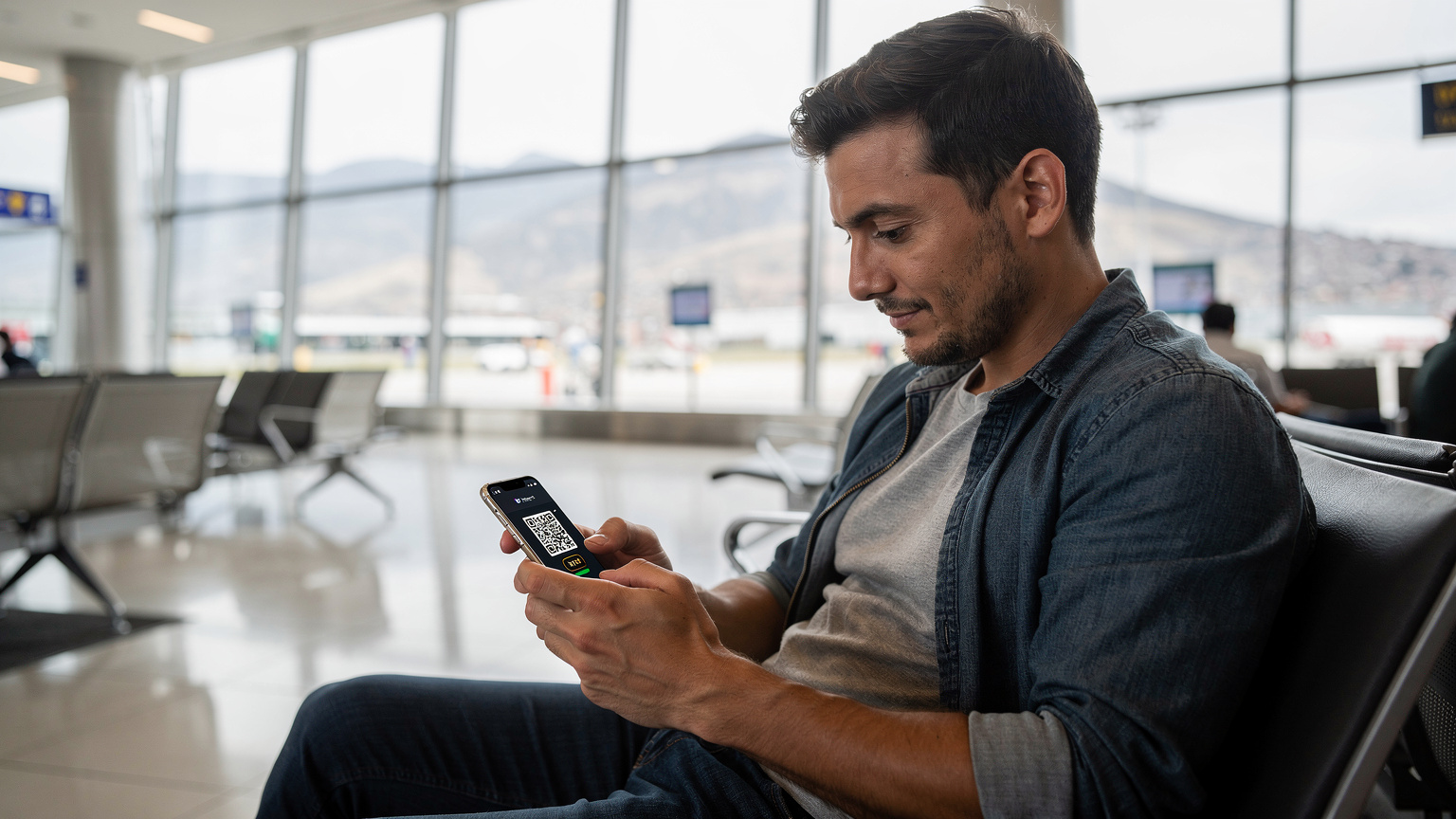 Um viajante ativando seu eSIM no Aeroporto Mariscal Sucre (UIO) em Quito, garantindo conectividade imediata ao chegar.