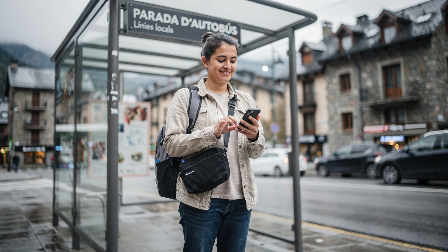 Eine Person steht an einer Bushaltestelle in Andorra la Vella, checkt die Fahrpläne auf dem Smartphone und hat dabei eine eSIM-Bestätigung auf dem Bildschirm.