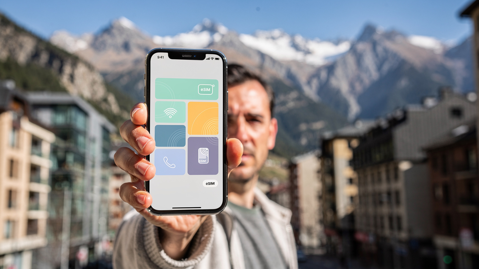 Eine Person hält ein iPhone mit aktivierter eSIM-App vor dem Hintergrund der andorranischen Berge und einer modernen Stadtansicht von Andorra la Vella.