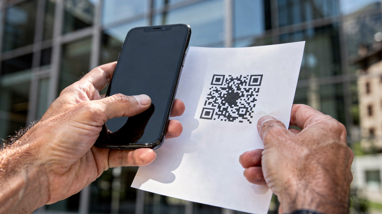 Nahaufnahme von Händen, die ein Smartphone halten und einen QR-Code für die eSIM-Installation scannen, vor einem unscharfen Hintergrund eines modernen Bürogebäudes in Andorra la Vella.