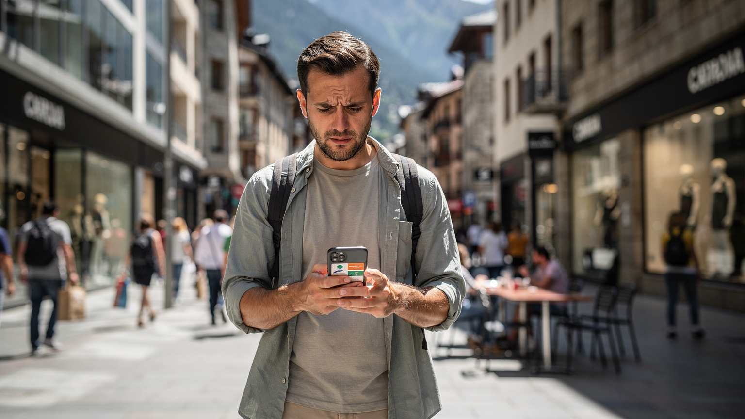 Ein digitaler Nomade blickt besorgt auf sein Smartphone, das eine Warnmeldung über hohe Roaming-Kosten anzeigt, während er in einer belebten Einkaufsstraße in Andorra la Vella steht.