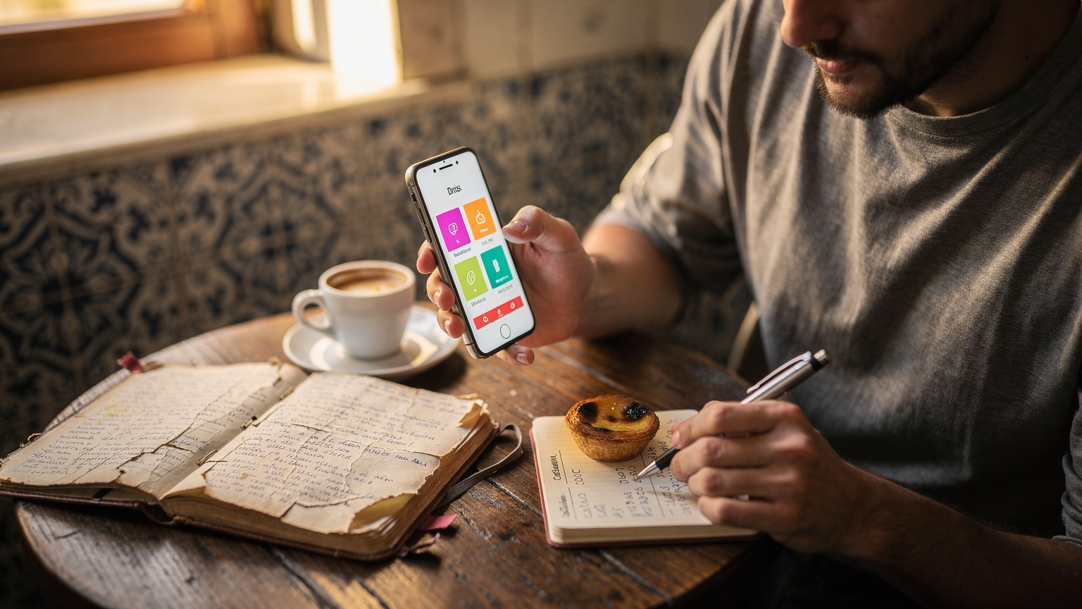 Ein Reisender sitzt in einem traditionellen portugiesischen Café in Lissabon, tippt Kosten in einen Notizblock und vergleicht eSIM-Angebote auf seinem Smartphone.