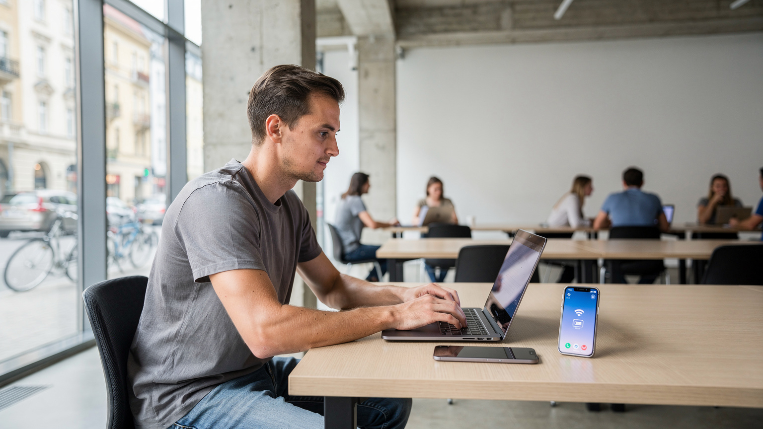 Ein junger Mann arbeitet konzentriert auf seinem Laptop in einem Co-Working-Space in Berlin, sein Smartphone mit einer aktiven Cellesim eSIM liegt daneben.