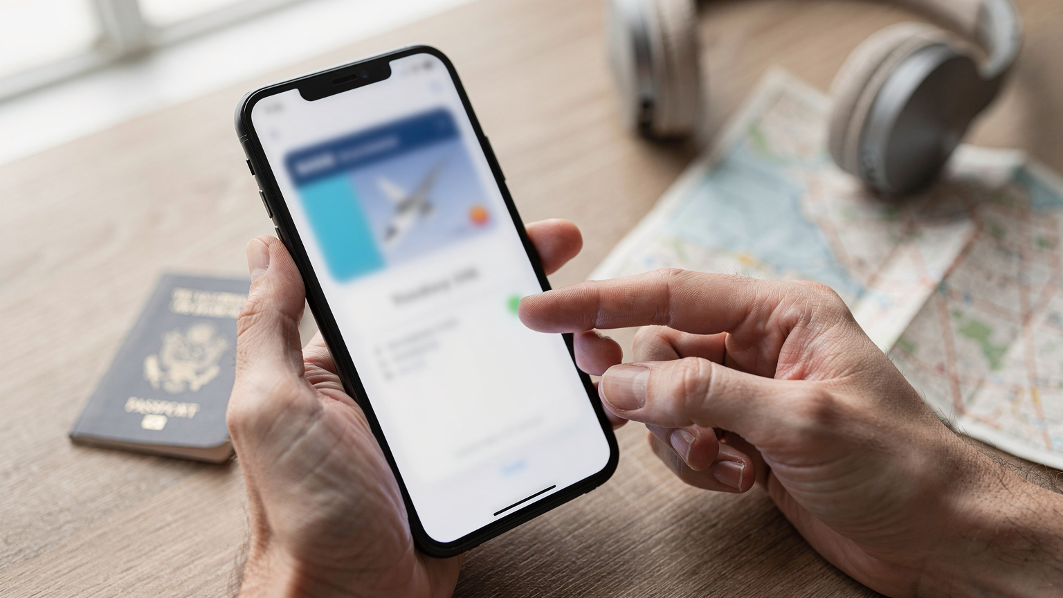 Detailní záběr rukou instalujících eSIM na smartphone, s pasem a mapou v pozadí na stole.