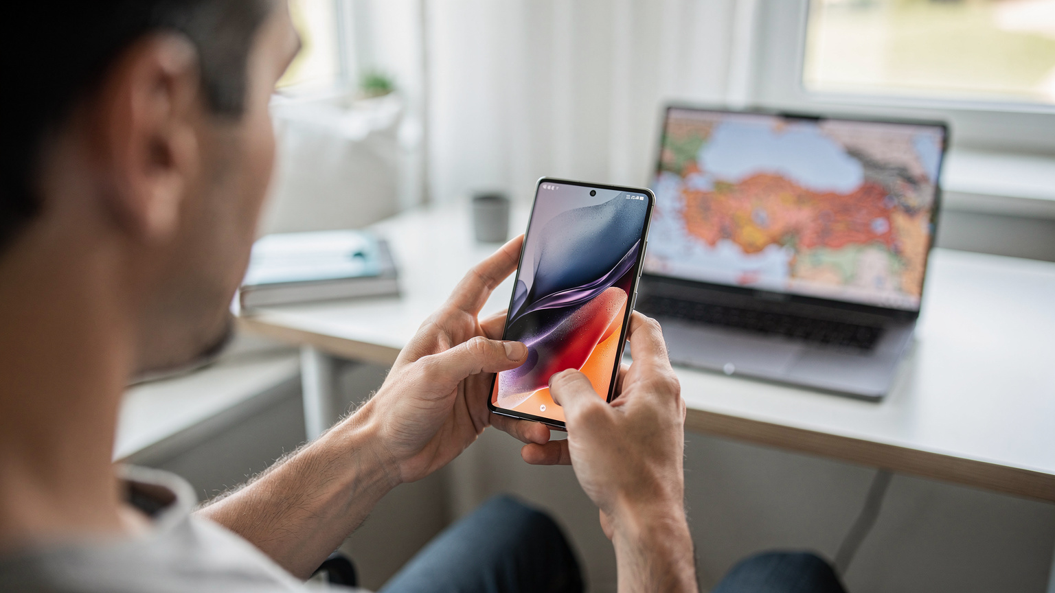 Persoană verificând setările eSIM pe un Samsung S24 Ultra, având o hartă a Turciei deschisă pe un laptop în fundal, într-un birou modern.