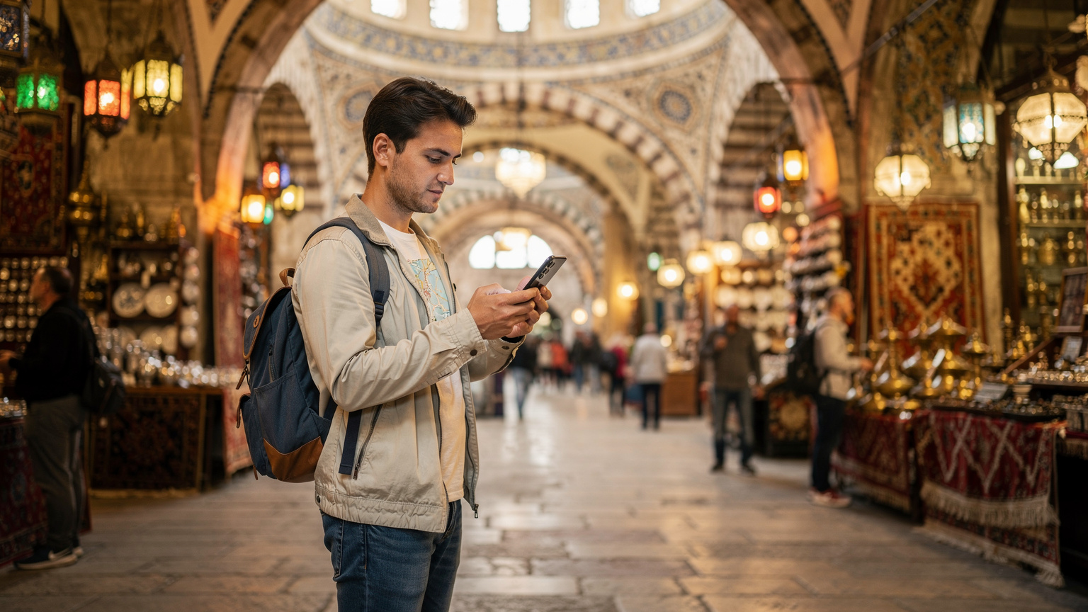 Un călător într-o piață aglomerată din Grand Bazaar din Istanbul, consultând direcțiile pe un Samsung S24 Ultra, cu culori vibrante și detalii arhitecturale în fundal.