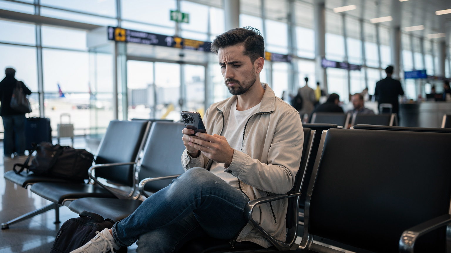 Un călător, cu o expresie ușor îngrijorată, privește ecranul telefonului său Samsung S24 Ultra într-un aeroport aglomerat din Istanbul, în timp ce așteaptă la poarta de îmbarcare.