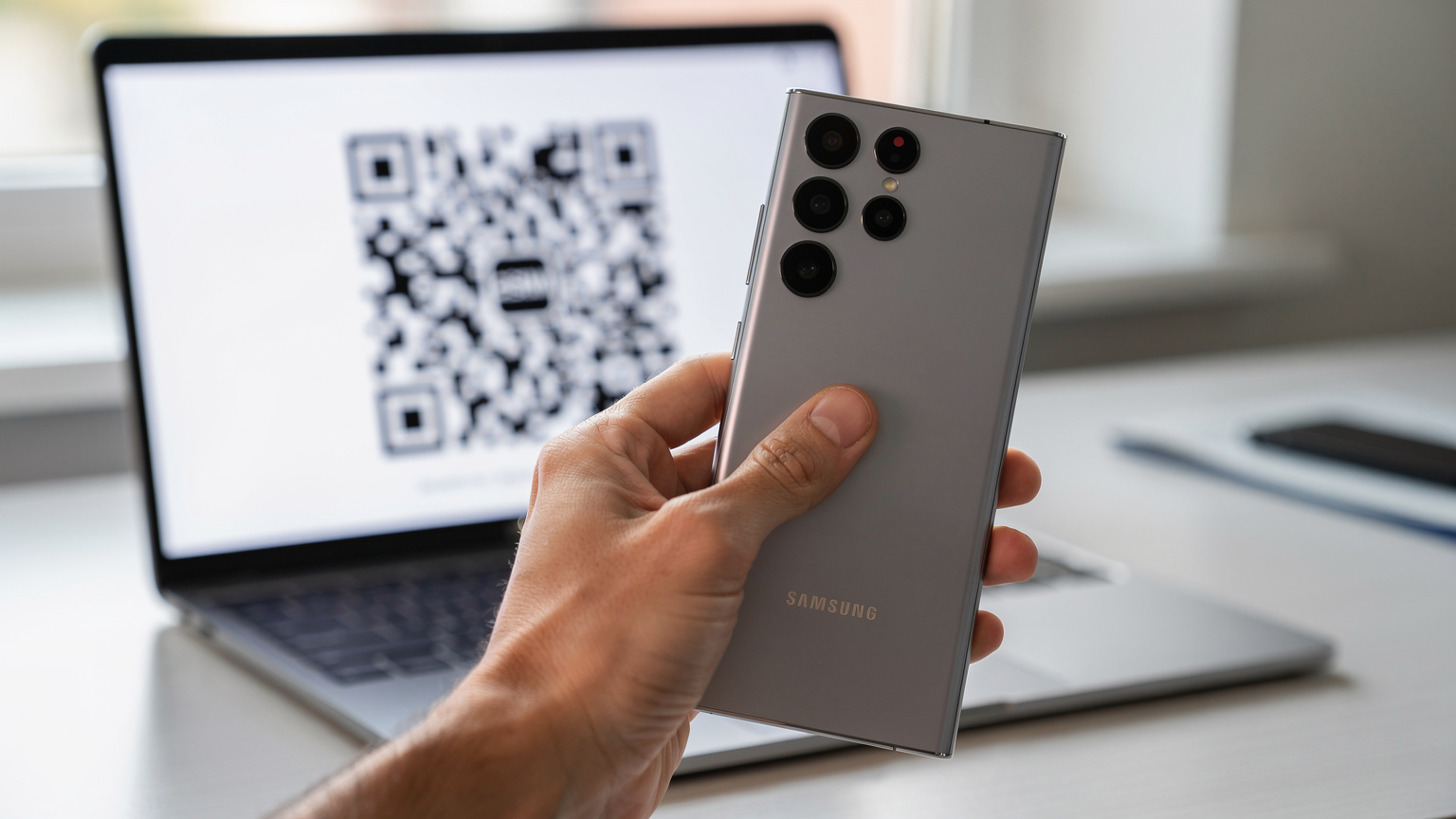 Mână apropiată, ținând un Samsung S24 Ultra, scanând un cod QR de pe ecranul unui laptop, într-un mediu luminos și modern.