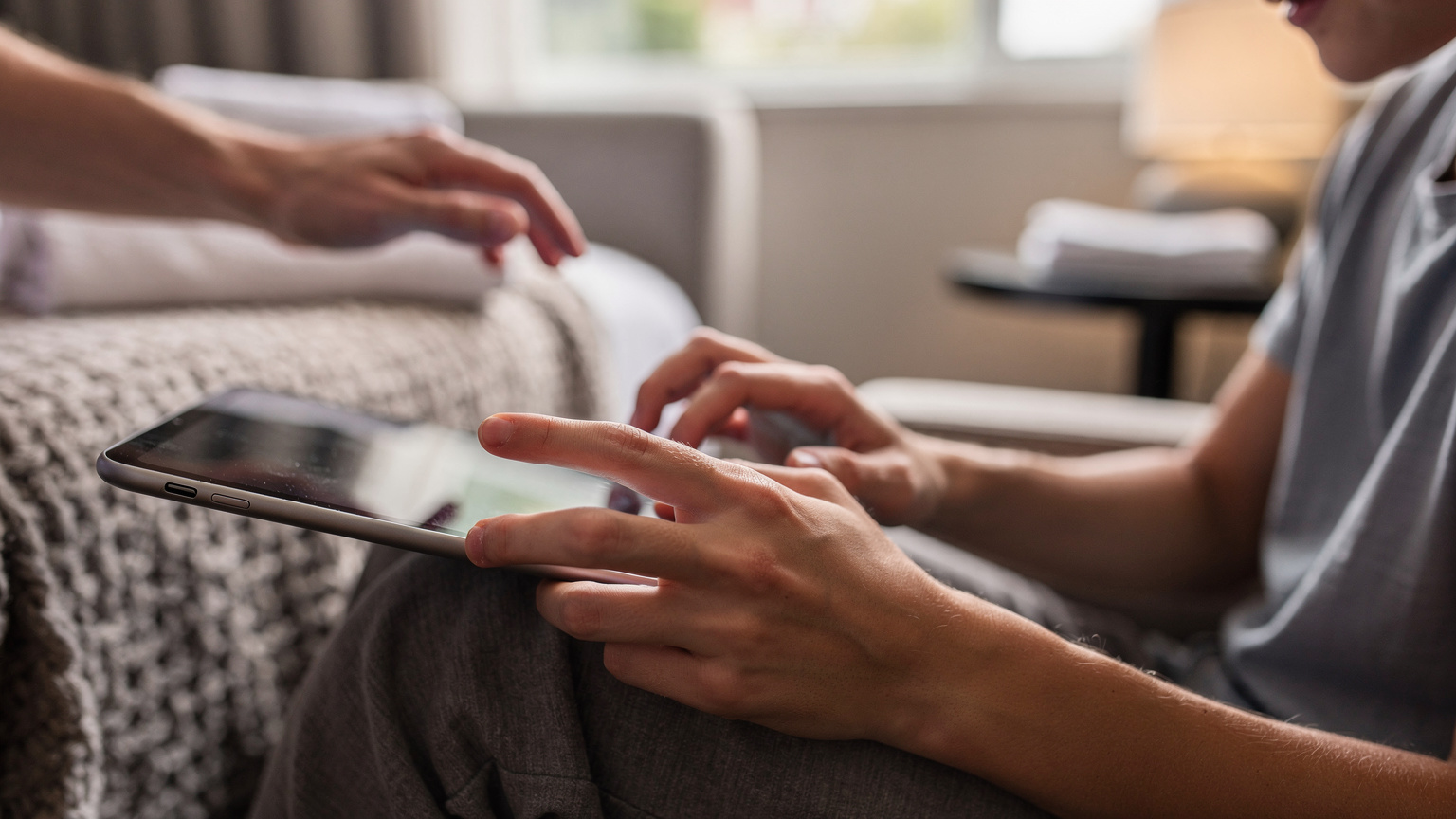 Een close-up van kinderhanden die op een tablet spelen, terwijl een ouder de tablet in de gaten houdt.