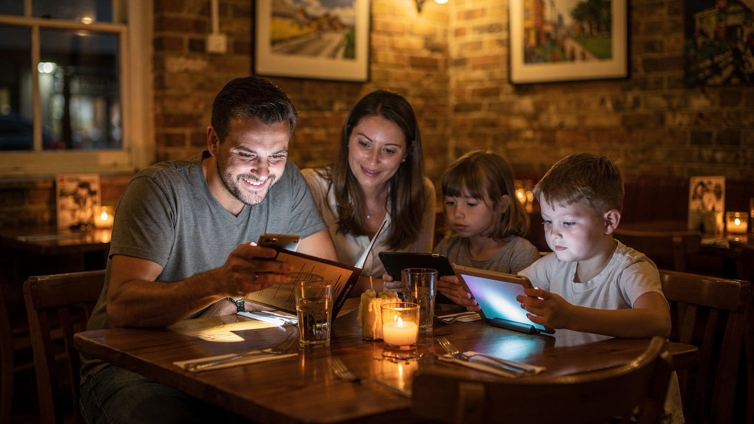 Een gezin zit aan een tafel in een donker restaurant, waar de vader een zaklamp op zijn telefoon gebruikt om het menu te lezen, en de kinderen hun tablets gebruiken met gedownloade content.