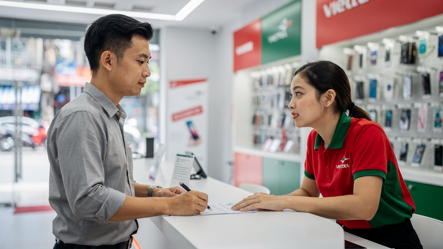 Một người đàn ông trẻ đang giao dịch tại quầy dịch vụ của Viettel tại một trung tâm thương mại ở TP.HCM.