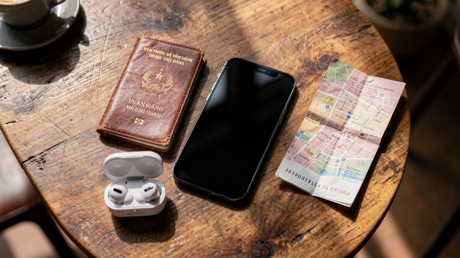 Một chiếc hộ chiếu Việt Nam, một iPhone thế hệ mới, tai nghe không dây và một tấm bản đồ du lịch đặt trên bàn.