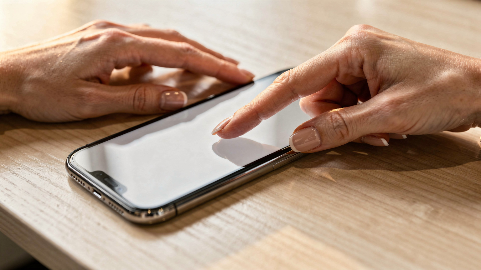 Cận cảnh bàn tay một người phụ nữ đang chạm vào màn hình iPhone để thực hiện cài đặt eSIM.