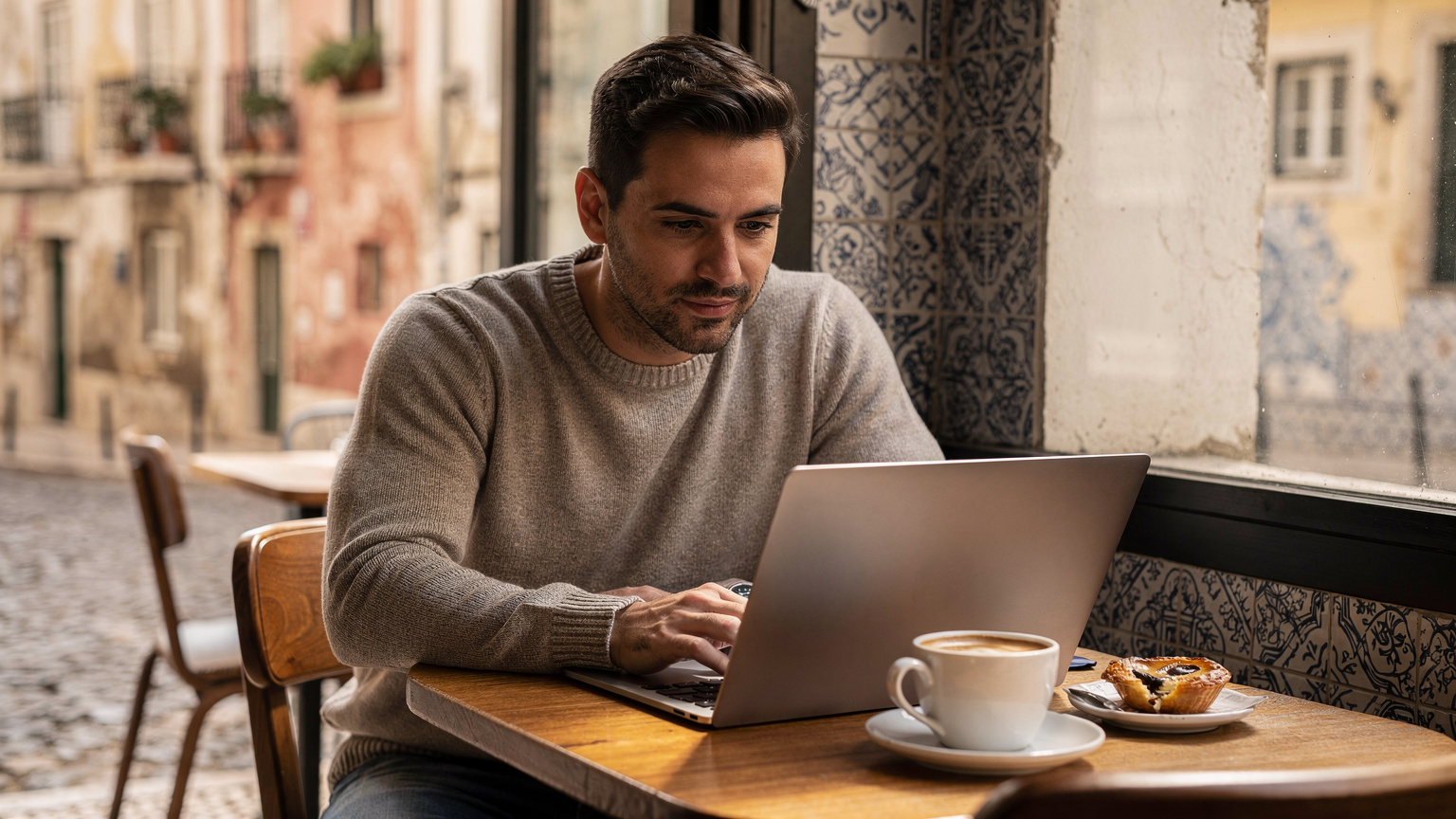 Um nômade digital trabalhando em seu laptop em um café aconchegante em Lisboa durante o outono, com a cidade antiga visível através da janela e um café à sua frente.