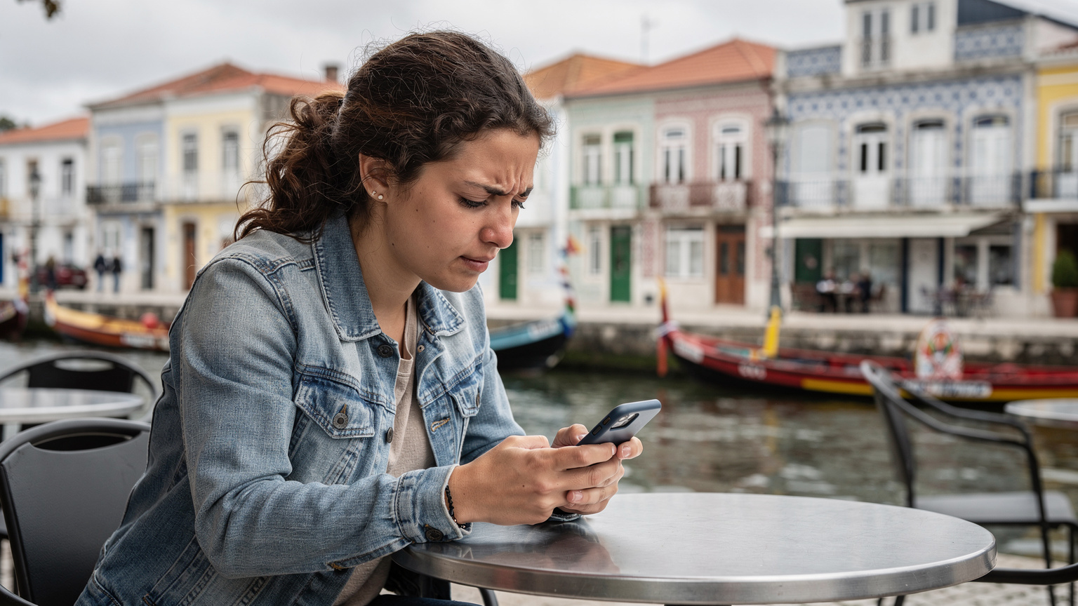 Uma pessoa em um café em Aveiro, Portugal, olhando para o smartphone com uma expressão de frustração, indicando problemas de conexão ou navegação, com o café e o canal dos moliceiros ao fundo.