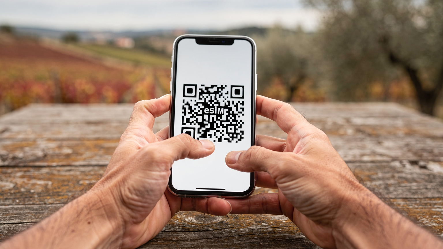 Mãos de uma pessoa instalando um eSIM em um smartphone, com o QR code de ativação visível na tela, em um ambiente rural português.