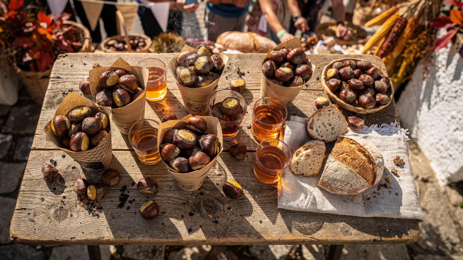 Uma mesa em um festival de castanhas em Portugal, com castanhas assadas, vinho novo, e pessoas em segundo plano usando celulares para registrar o momento.