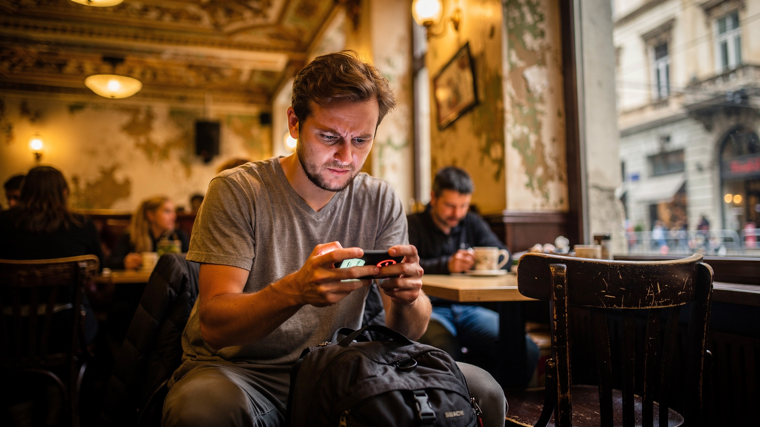 A young man with a slight frown looks at his phone, which displays a warning message about data usage, while sitting in a bustling cafe in Budapest, Hungary, surrounded by other patrons and historic architecture visible through a window.