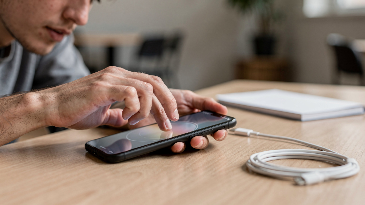 Close-up shot of human hands, belonging to a young man, delicately tapping on a smartphone screen to navigate through settings, with a blurred background suggesting a casual indoor environment.