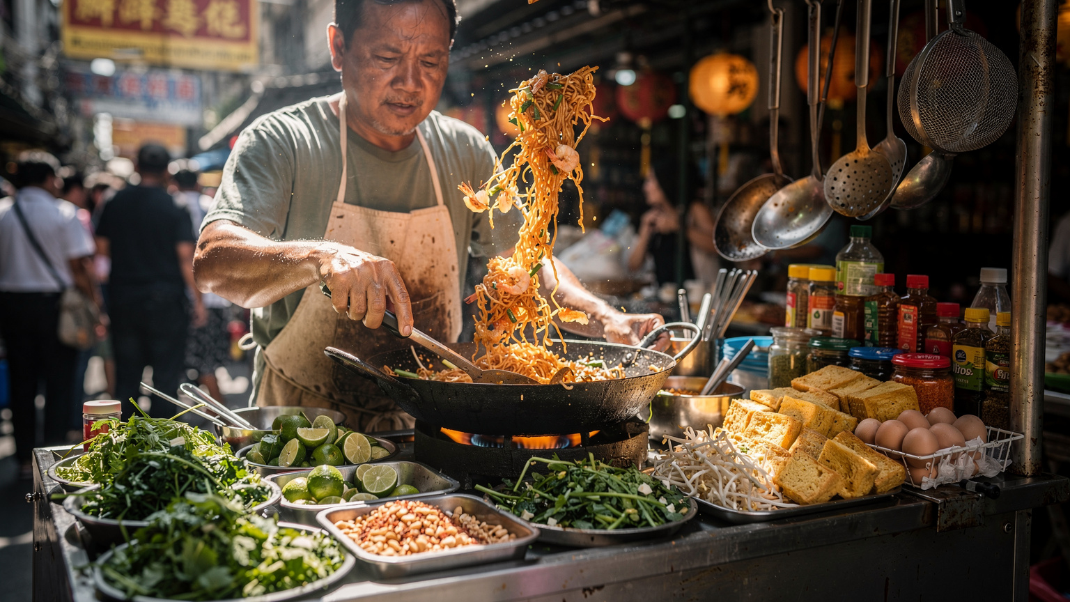 A vibrant close-up of a street food vendor in Bangkok, Thailand, meticulously preparing Pad Thai on a sizzling wok, surrounded by fresh ingredients and colorful spices on their well-used cart.