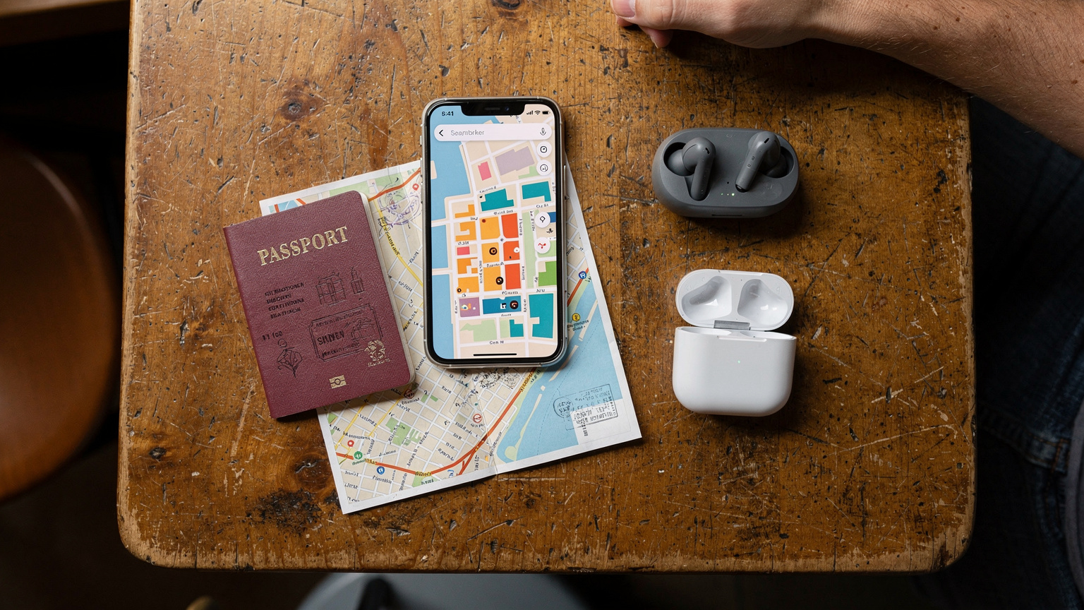 An overhead flat-lay composition of a budget traveler's essential items: a well-worn passport, a smartphone displaying a map application, a pair of wireless earbuds, and a small, creased paper city map, all neatly arranged on a rustic wooden table.