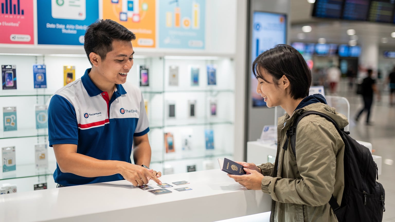 タイのバンコク、スワンナプーム国際空港のモバイルキャリアショップで、店員が旅行者にSIMカードの説明をしている様子。
