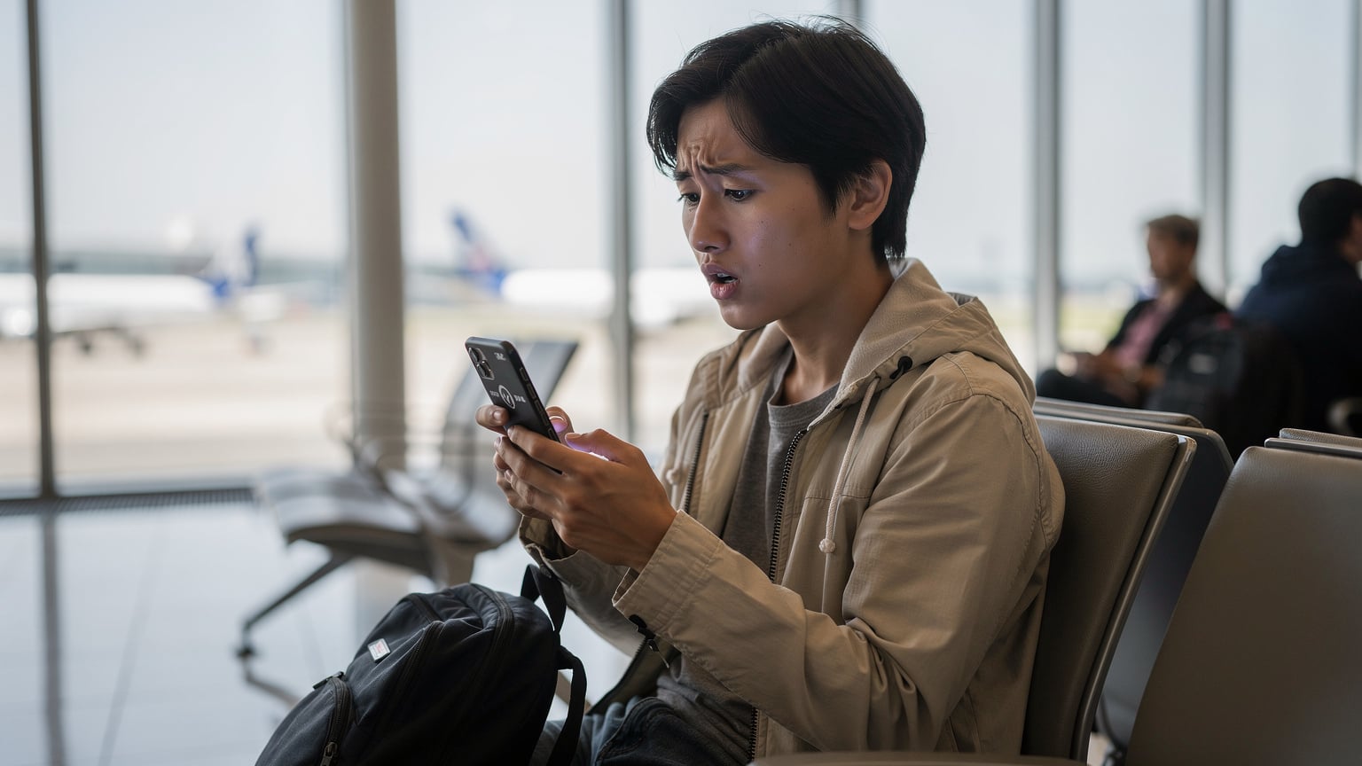 空港の待合室で、電波状況が悪く困惑した表情でスマートフォンを見つめる旅行者。画面には「サービスなし」の表示が薄く見える。