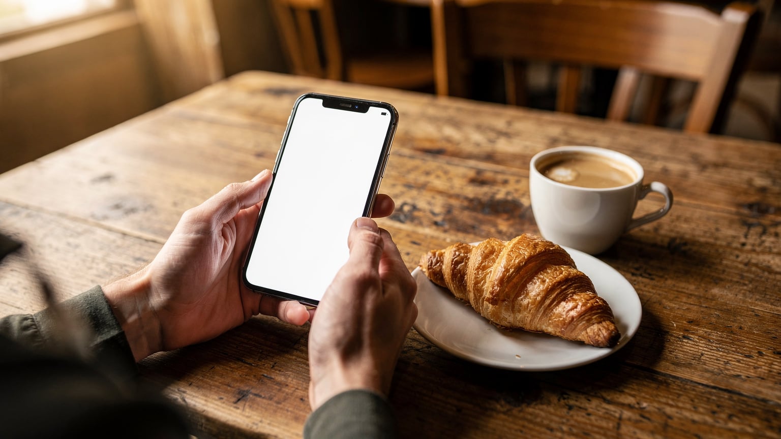 フランスの小さなカフェで、クロワッサンとコーヒーを前にeSIMの設定画面を見ている旅行者のクローズアップされた手元。