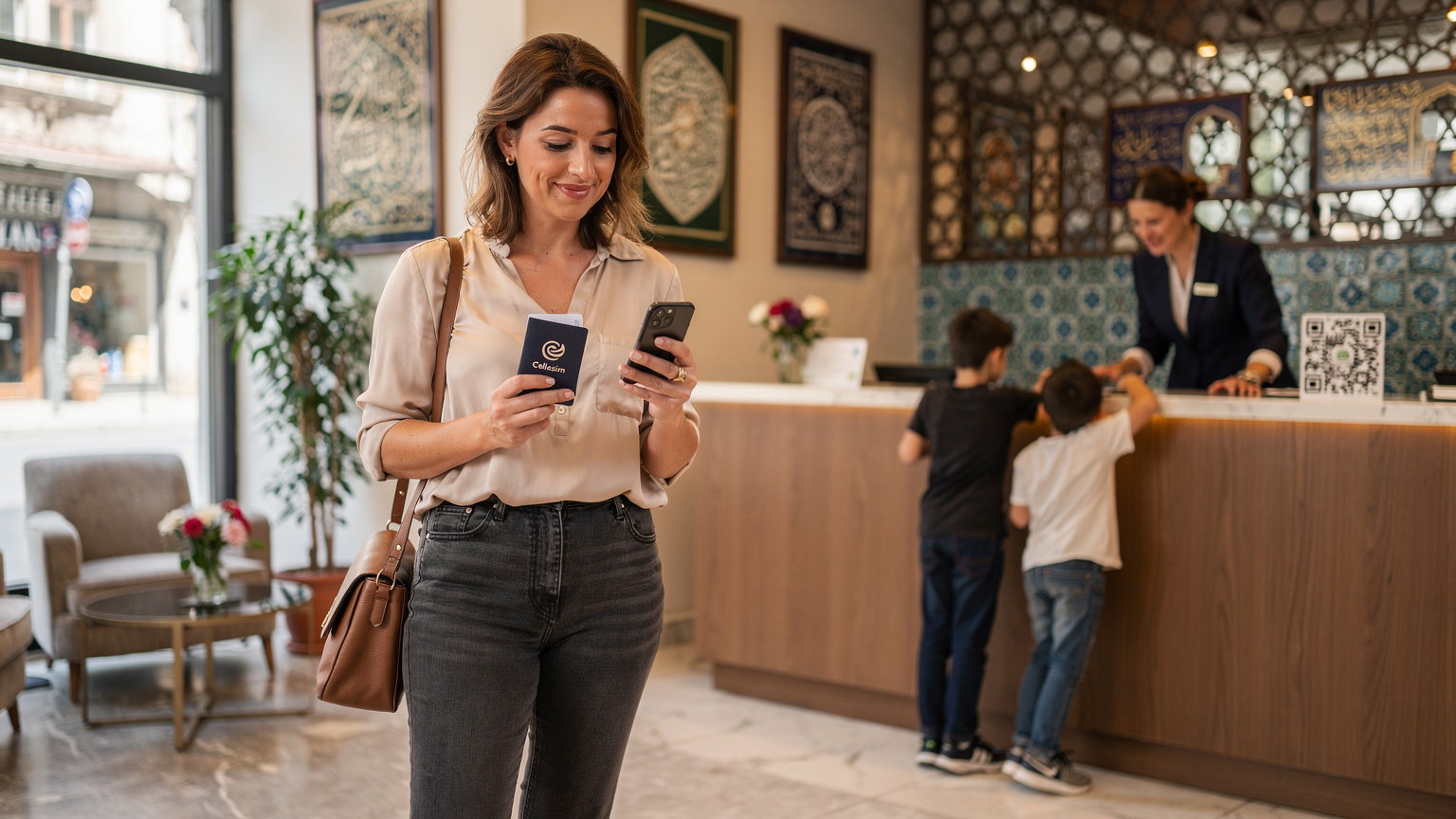 Bir otel lobisinde, elinde pasaport ve eSIM QR kod kartı tutan bir anne, çocukları resepsiyonist ile konuşurken gülüyor.